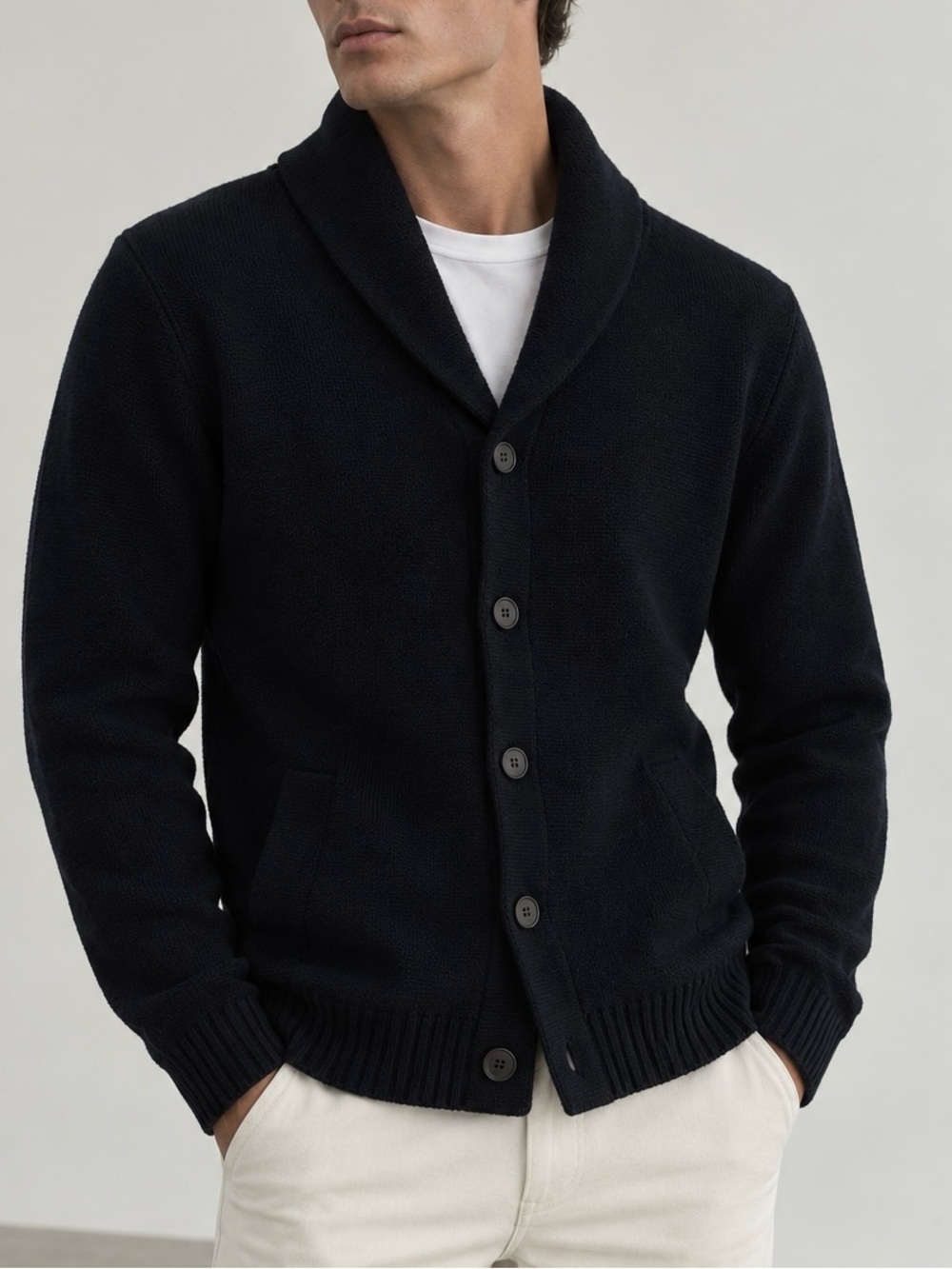 PATRICK ASSARAF CARDIGAN SWEATER MENS SMALL DARK NAVY WOOL SHAWL COLLAR